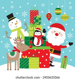 celebrate christmas with santa, snowman, reindeer, and penguin greeting card design