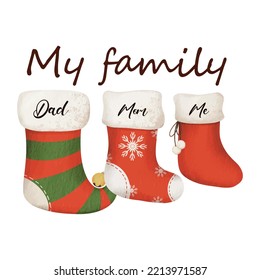 Celebrate Christmas socks with your family. Banner Christmas. Watercolor Vector illustration. Seasonal Christmas flat design. For poster, print, menu design, greeting card