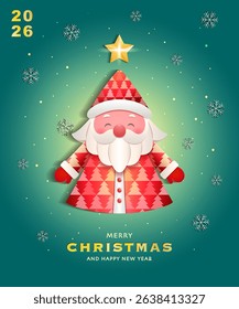 Celebrate Christmas with this modern card featuring a paper-cut Santa Claus, glowing star, and snowflakes on a festive green background. A perfect greeting for warm wishes, invites, poster, or decor.