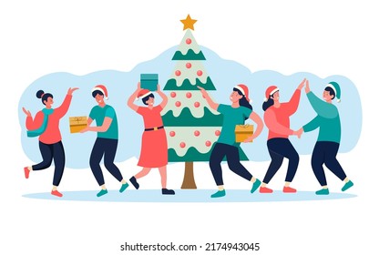 Celebrate Christmas with Christmas tree decorations. exchanging gifts, illustrations, postcards, invitations to join the festival of happiness with a party.