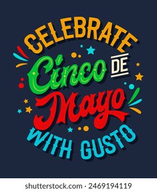 Celebrate Cinco de Mayo with Gusto, festive script lettering in Mexican flag colors with flat confetti and stylized fireworks. Perfect typography for prints, social media, merchandise, and party decor