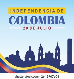 Celebrate Colombia Independence Day with skyline silhouette of Bogotá and text - Happy Independencia de Colombia – 20 de Julio. Waving Colombian flag colors. Perfect for honoring 20th July.