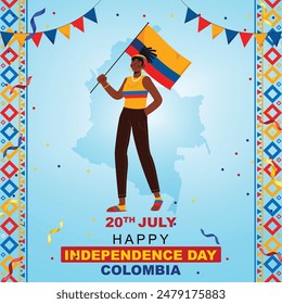 Celebrate Colombia's Independence Day with a festive illustration featuring a woman holding the flag. Perfect for honoring 20th July.