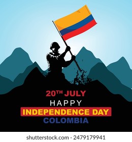 Celebrate Colombia's Independence Day on 20th July with this vibrant image of a soldier raising the national flag against a stunning mountain backdrop.