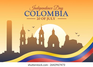 Celebrate Colombia's Independence Day with a patriotic illustration featuring a skyline silhouette of Bogotá – 20 de Julio. Accented with the waving Colombian flag colors. Perfect for honoring 20th Ju