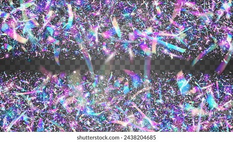 Celebrate Confetti. Abstract Paper. Isolated Design. Birthday Background. Purple Retro Effect. Laser Texture. Neon Ribbon. Glare Iridescent Explosion. Pink Celebrate Confetti