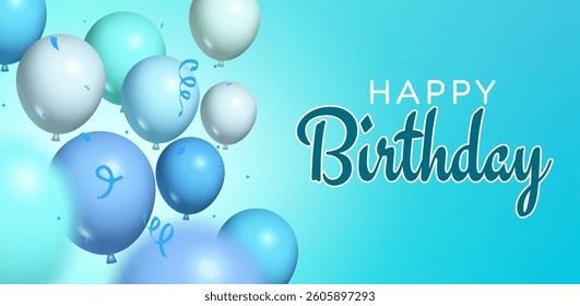 Celebrate with cool blue balloons and festive swirls in a bright design. Vector Illustration