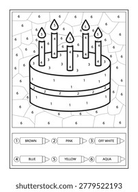 Celebrate with creativity! This printable birthday cake color-by-number worksheet is perfect for preschool and elementary students. Featuring a two-tier cake with five candles, this activity helps children develop fine motor skills and color recognition using a simple key (Brown, Pink, Off White, Blue, Yellow, and Aqua). Ideal for birthday parties, classroom activities, or rainy-day fun at home.