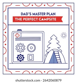 Celebrate Dad's meticulous planning and preparedness with this "Dad's Master Plan: The Perfect Campsite" T-shirt design! Featuring a blueprint-style graphic of camping essentials and a tent, it perfec