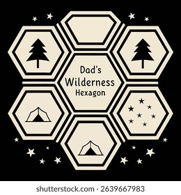 Celebrate Dad's passion for the wilderness with this unique "Dad's Wilderness Hexagon" T-shirt design! Featuring a captivating geometric pattern filled with outdoor icons like tents, trees, and stars