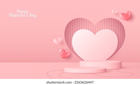 Celebrate Valentine’s Day with a charming podium design adorned with heart shapes. Perfect for showcasing products, cosmetics, advertisements, or awards on a soft pink background. Vector illustration.