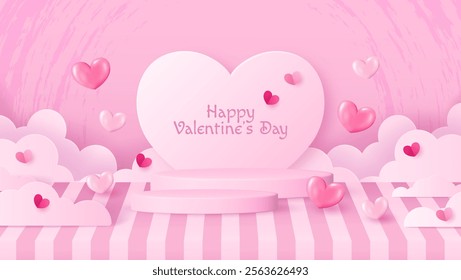 Celebrate Valentine’s Day with a charming podium design adorned with heart shapes. Perfect for showcasing products, cosmetics, advertisements, or awards on a soft pink background. Vector illustration.