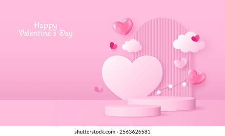 Celebrate Valentine’s Day with a charming podium design adorned with heart shapes. Perfect for showcasing products, cosmetics, advertisements, or awards on a soft pink background. Vector illustration.