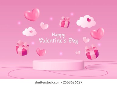 Celebrate Valentine’s Day with a charming podium design adorned with heart shapes. Perfect for showcasing products, cosmetics, advertisements, or awards on a soft pink background. Vector illustration.