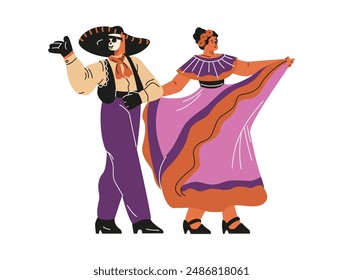 Celebrate the Day of the Dead with this vector set featuring a man and woman in sombrero and flamenco attire, dancing with skulls and marigolds on a white background