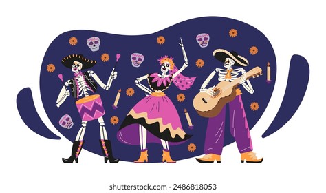 Celebra el Día de la Muerte con Ilustraciones vectoriales brillantes con divertidos músicos esqueléticos vestidos con ropa nacional sobre un fondo de calaveras y flores de caléndula.