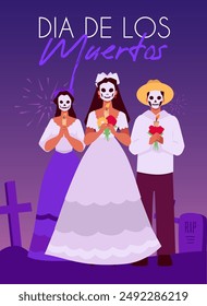 Celebrate the Day of Death with bright vector illustrations with people in the cemetery holding marigold flowers in national clothes and with kalaki makeup