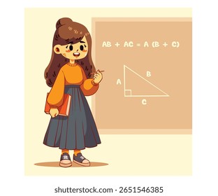 Celebrate teacher’s day with a delightful illustration featuring a cartoon girl holding a pencil and a book. Ideal for crafts and classroom decor.