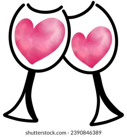 Celebrate the day of love, Valentine's Day, by drinking wine, drawn in watercolor, vector.