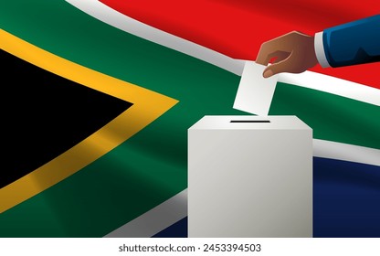 Celebrate democracy in South Africa with this vector illustration, featuring a voting box with South African flag as the backdrop, election day, copy space for customized messaging or event details