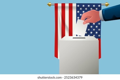 Celebre la democracia en Estados Unidos con esta Plantilla de Imagen que incluye una urna de votación con la bandera estadounidense, el día de las elecciones, espacio de copia para mensajes personalizados o detalles del evento