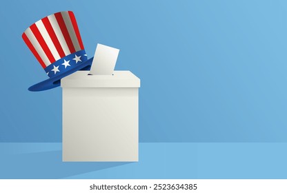 Celebre a democracia nos Estados Unidos da América com este modelo de imagem que apresenta uma urna de votação decorada com o chapéu do tio Sam em um fundo em branco