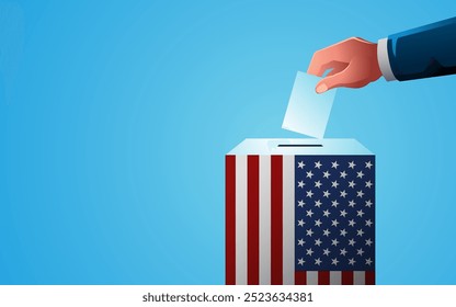 Celebre la democracia en Estados Unidos con esta Plantilla de Imagen que presenta una urna de votación pintada con los colores de la bandera estadounidense, el día de las elecciones, espacio de copia para mensajes personalizados o detalles del evento