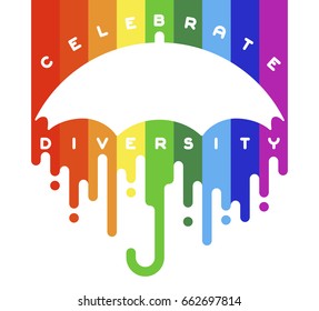 Celebrate diversity concept lettering with open classic umbrella stick with rainbow paint flow. Vector illustration