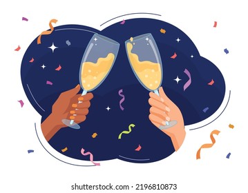 Celebrate with drink. Characters with glasses with alcohol, juice or soda in hands against background of confetti. Holiday, event and event. Relaxation and leisure. Cartoon flat vector illustration