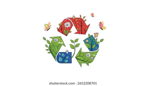 Comemore o Dia da Terra com nossa bela ilustração com símbolo de reciclagem floral para uma vida ecologicamente correta e conscientização sobre sustentabilidade