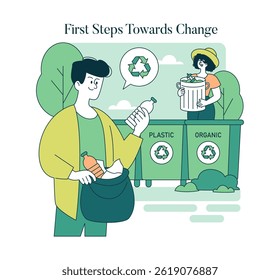 Celebrate Earth Day with this illustration showing individuals taking action towards sustainability. Featuring recycling efforts and waste separation, it promotes environmental awareness and community
