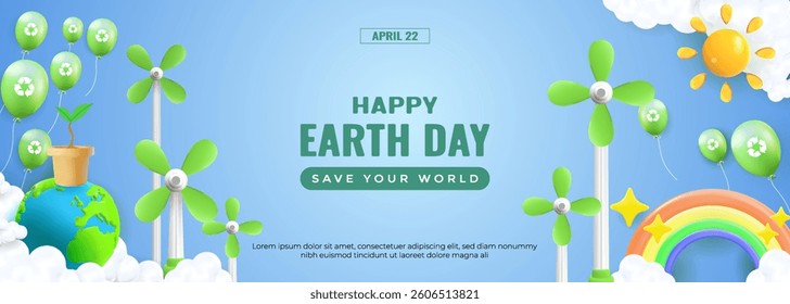 Celebrate Earth Day with a vibrant illustration featuring eco friendly symbols like green balloons, wind turbines, earth, and renewable energy. 