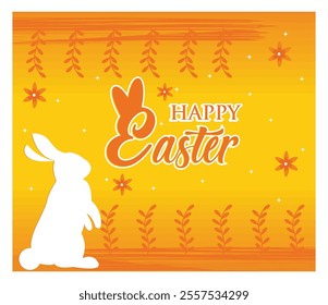 Celebrate Easter with a decorative piece featuring a white bunny silhouette and festive flowers on a bright yellow background. Flat vector modern illustration