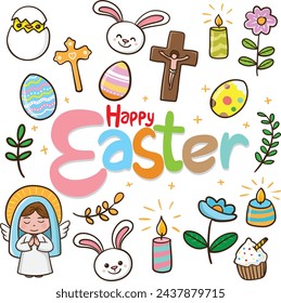Celebrate Easter with a delightful greeting card adorned with a variety of adorable elements. Spring holiday. Easter bunny.