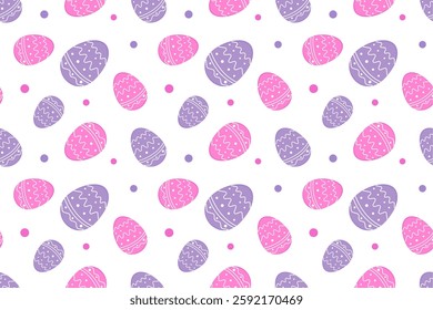 Celebrate Easter with a fun and colorful seamless pattern featuring, beautifully decorated eggs on a bright white background