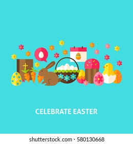 Celebrate Easter Greeting Card. Flat Design Vector Illustration. Spring Holiday Poster.