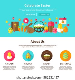 Celebrate Easter Web Design. Flat Style Vector Illustration for Website Banner and Landing Page. Spring Holiday.
