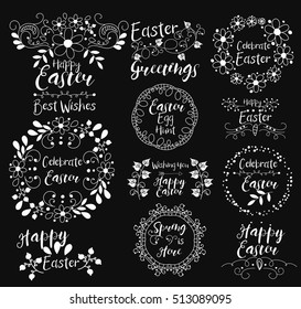 Celebrate Easter.Happy. Greetings.Spring Is Here. Egg Hunt.Insignias logotypes, badges, stickers, stamps, icons, frames, card design set. Doodle vector vintage elements.