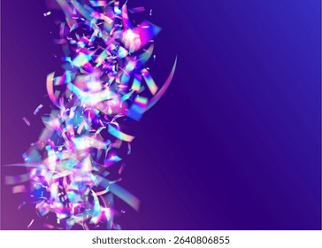 Celebrate Effect. Disco Confetti. Color Ribbon. Blue Laser Glitter. Foil Element. Surprise Flag. Isolated Poster. Happy Iridescent Explosion. Purple Celebrate Effect