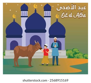 Celebrate Eid al-Adha with stunning art depicting traditions, sacrifice, and cultural rejoicing. Flat vector modern illustration 