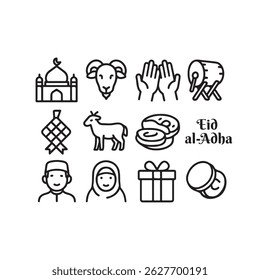 Comemore Eid al-Adha com este vetor de 12 ícones em estilo de linha limpo. Inclui mesquita, cabra, mãos para orações, ketupat, bedug, carne e muito mais — ideal para cartões de saudação, cartazes, materiais educativos