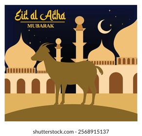  Celebrate Eid al-Adha with this symbolic artwork featuring a goat, mosques, and crescent moon. Flat vector modern illustration 