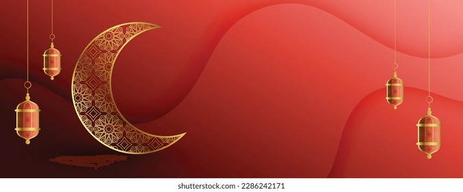 celebrate eid mubarak cultural banner with muslim moon and lamp vector