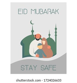 Celebrate Eid Mubarak with Family at home and stay safe for gift card or banner with mosque background