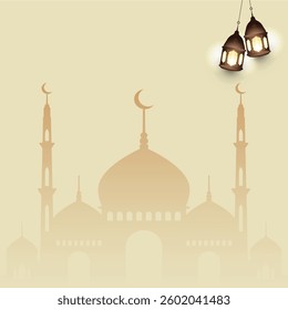 Celebrate EID with Natural Mosque view Design.Eid Mubarak luxury Islamic background with decorative ornament, hanging stars.