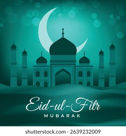 Celebrate Eid-ul-Fitr with this elegant Islamic greeting card featuring a beautiful mosque, crescent moon, and glowing festive background. Perfect for holiday wishes and decor.