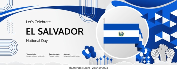 Celebrate El Salvador Independence Day. Horizontal banner with bold and iconic flag colors. Happy El Salvador National Day. Raise your hand to show your support or protest. Holiday concept