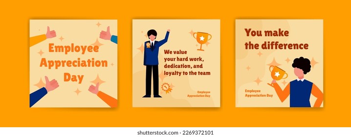 Celebrate Employee Appreciation Day with Cheerful Greeting Cards. Vector banner with illustration of employee getting award and congratulating on his achievement.