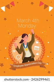 Celebrate Employee Appreciation Day with Cheerful Greeting Cards. Vector banner with illustration of employee getting award and congratulating on his achievement.