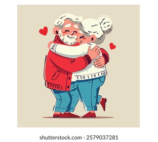 Celebrate enduring love with this charming illustration of an elderly couple embracing, perfect for Valentine’s Day